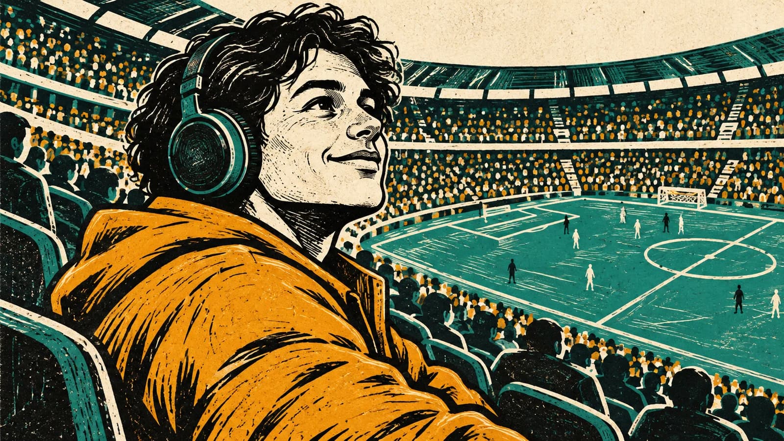 Linocut illustration of a sports fan in headphones and an amber jacket at a stadium
