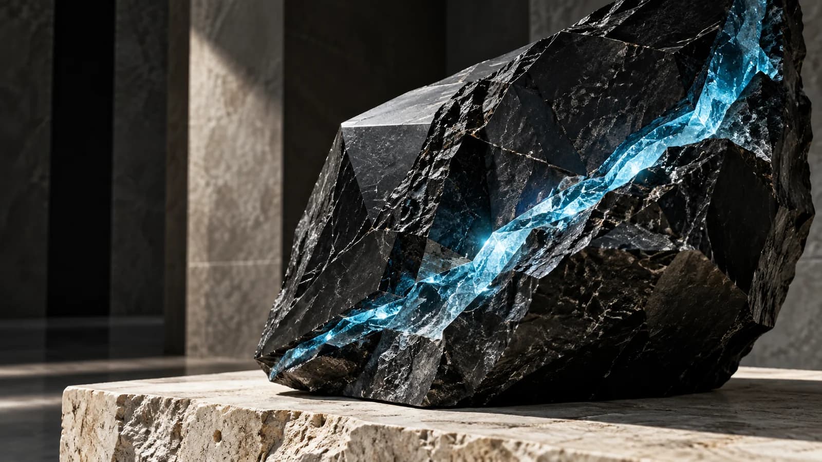Dark faceted mineral sculpture with an icy-blue vein on a limestone plinth